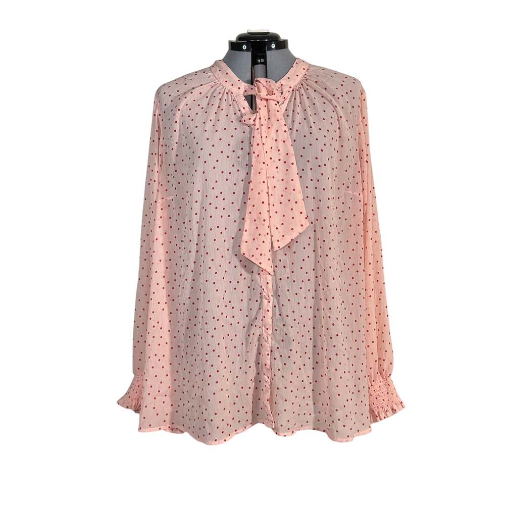 Torrid Size 4 4X Pink Red Polka Dot Sheer Tie Neck Button Front Blouse